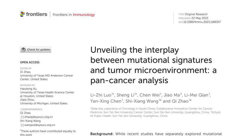 Pan-Cancer Analysis of Mutational Signatures and Tumor Microenvironment Published in Frontiers in Immunology