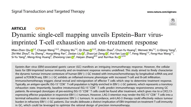 Single-Cell Dynamic Microenvironment of EBV-Positive Gastric Cancer Before/After Anti-PD1 Treatment Published in Signal Transduction and Targeted Therapy